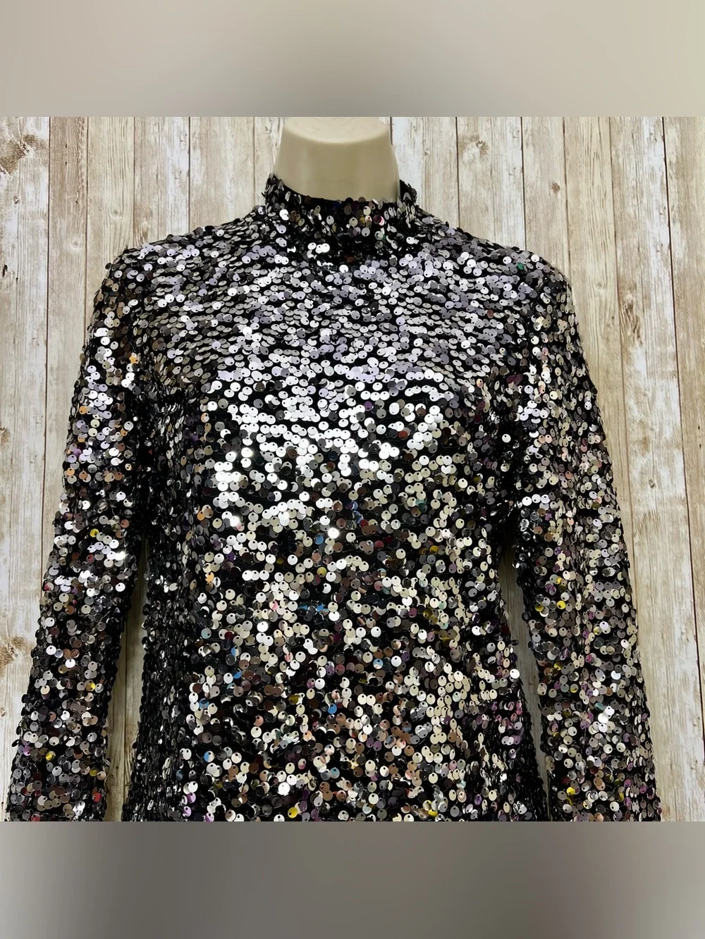 H&M Silver and Black Sequin Long Sleeve Mock Neck Top Size S